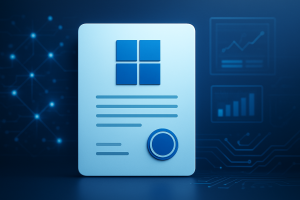A stylized license document featuring Windows logo elements, set against a tech-themed background with circuit designs.