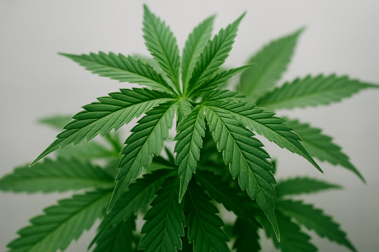 Close-up view of a cannabis plant with lush green leaves against a neutral background